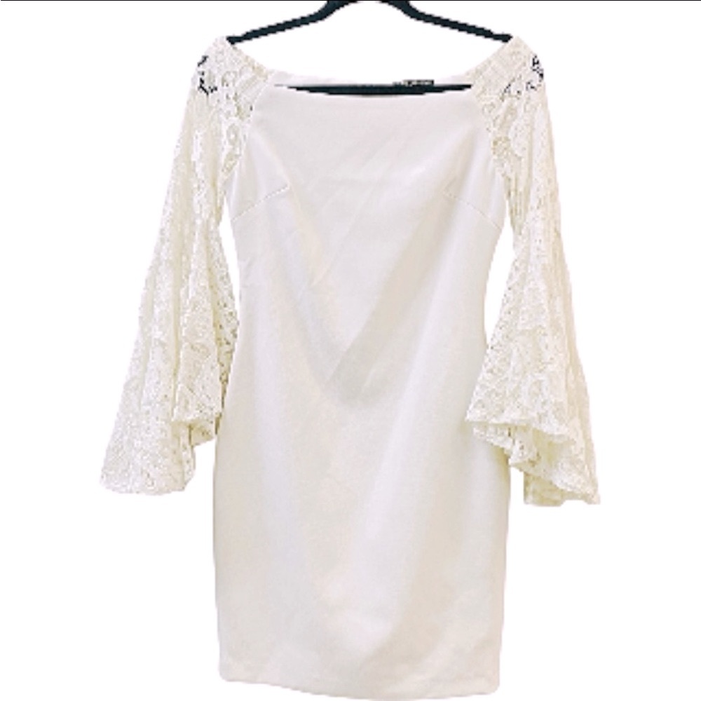 Alberto Makali lace long bell sleeve knitt back zip midi dress. Cotton b…
